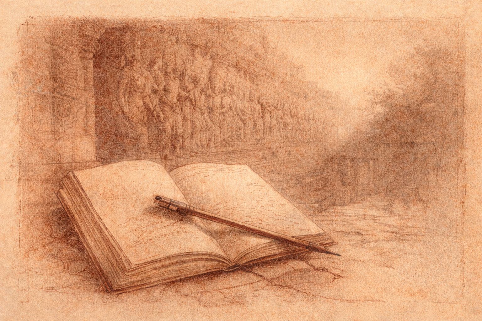 Red and black chalk study of an open notebook and pencil on temple stone before a bas-relief wall; quiet meditation on writing at Angkor.