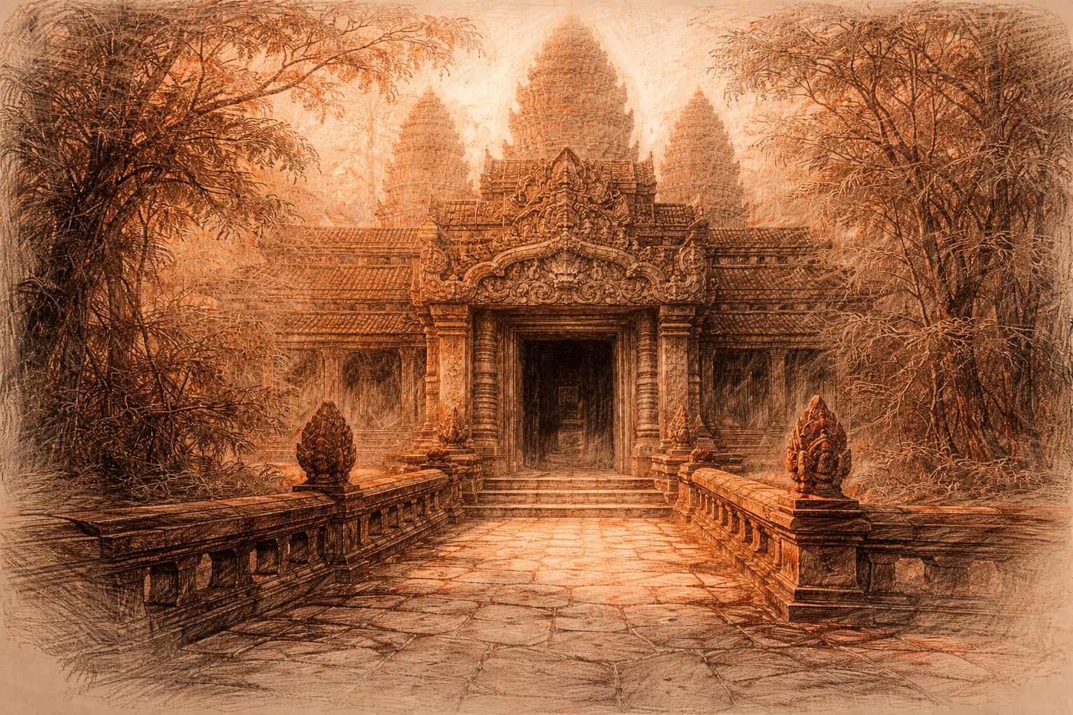 Angkorian stone temple entrance with carved lintel, central doorway, and naga-lined causeway in red and black chalk style.