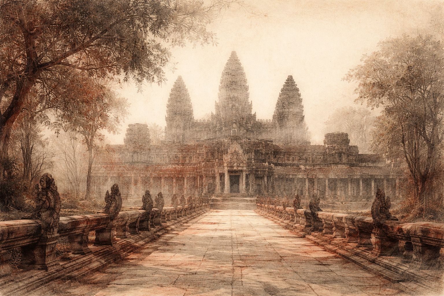 Angkorian stone temple with central towers and a naga-lined causeway in red and black chalk style.