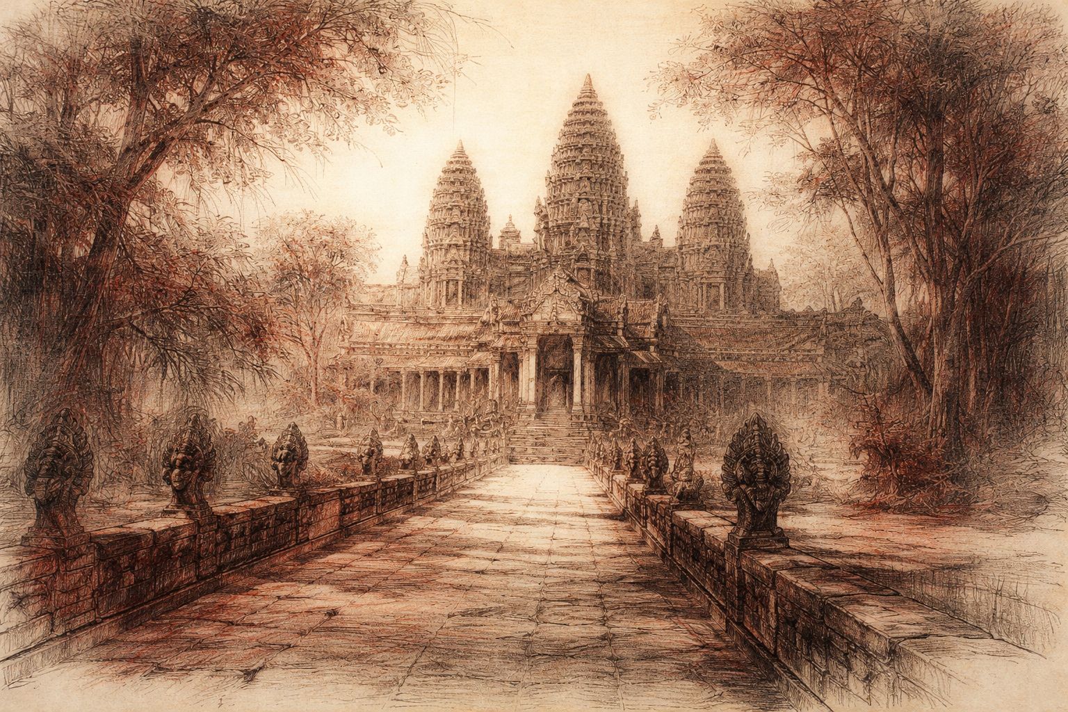 Stone causeway with naga balustrades leading to a temple tower in red and black chalk style.