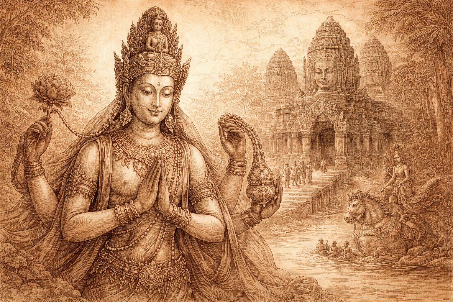 Sanguine and black chalk drawing of Lokeshvara with lotus and rosary before an Angkorean temple and sacred healing waters.