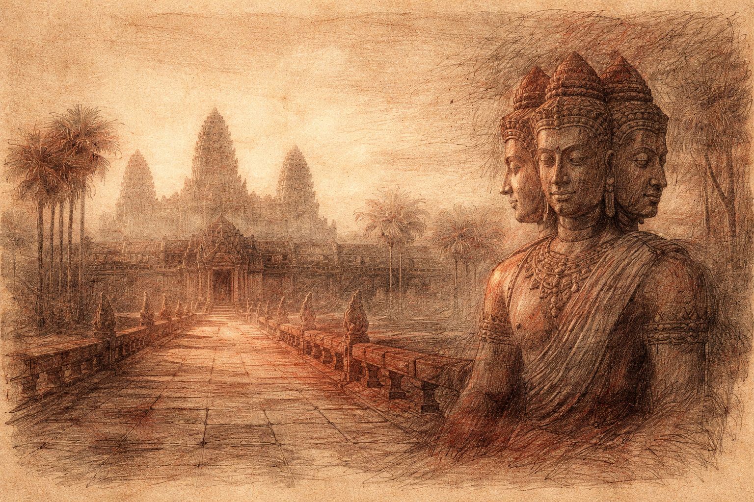 Angkorian stone temple tower with axial causeway and surrounding galleries in red and black chalk style.