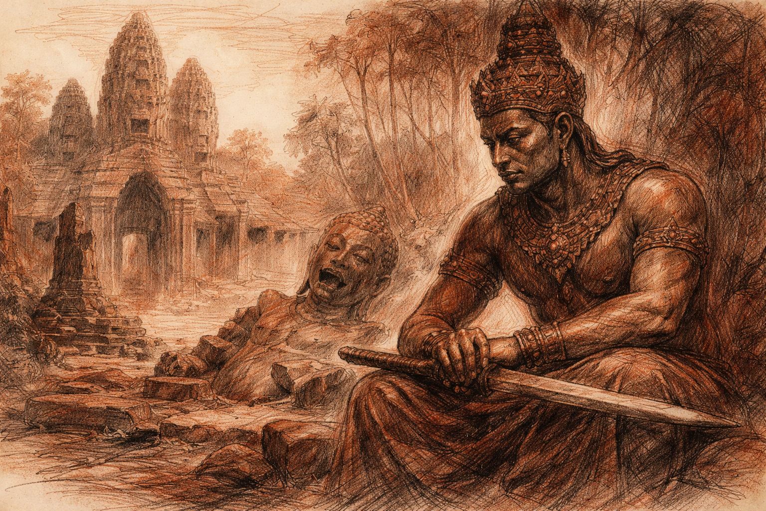 Somber red and black chalk drawing of a Khmer king beside a defaced Buddha, Angkor temples receding into shadow.