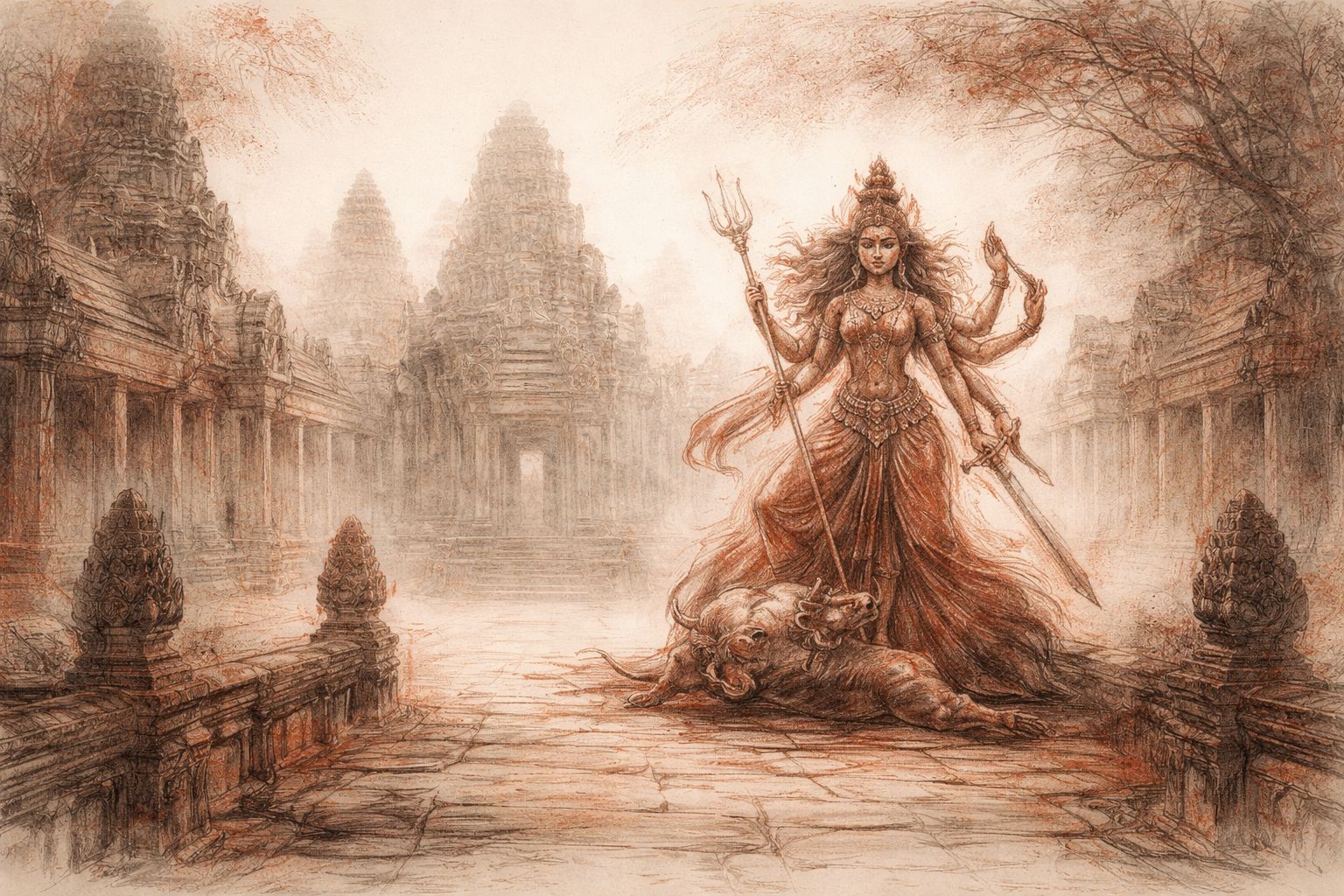 Multi-armed female figure standing on a buffalo head within a stone temple setting in red and black chalk style.