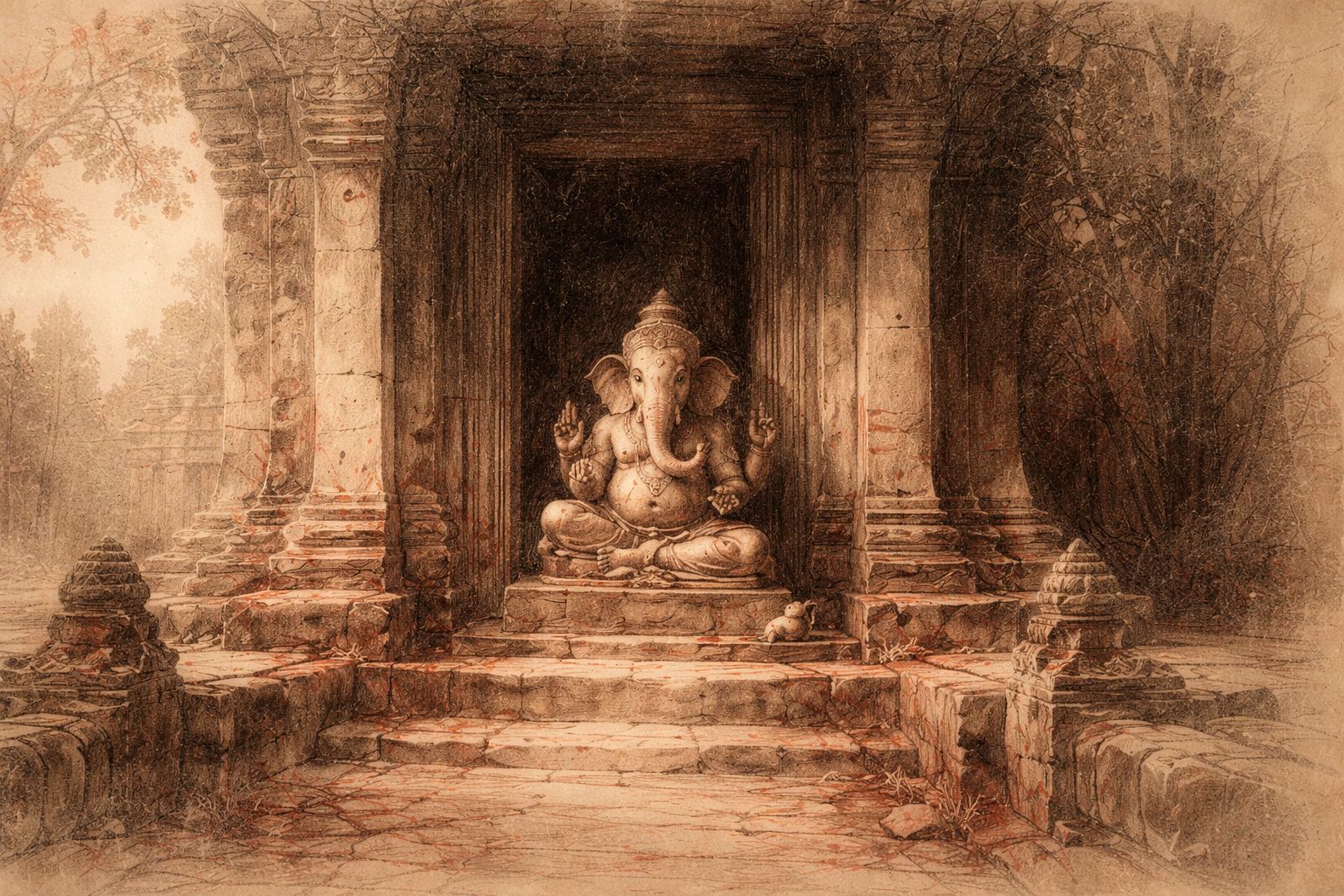 Elephant-headed figure seated at a stone doorway with steps and a small mouse in red and black chalk style.
