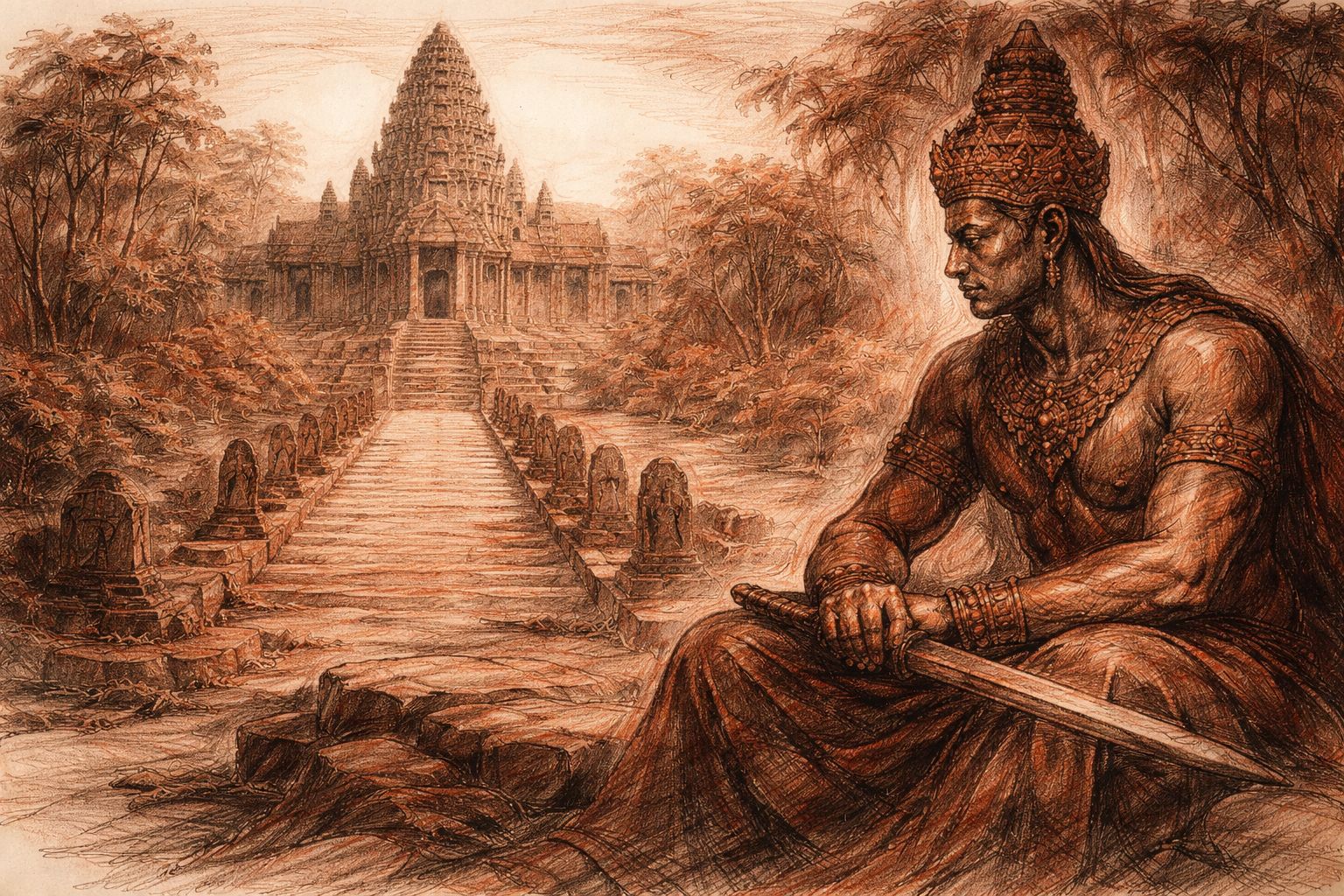 Red and black chalk drawing of a Khmer king before Phimai temple, the northern axis of Angkor receding into forested distance.