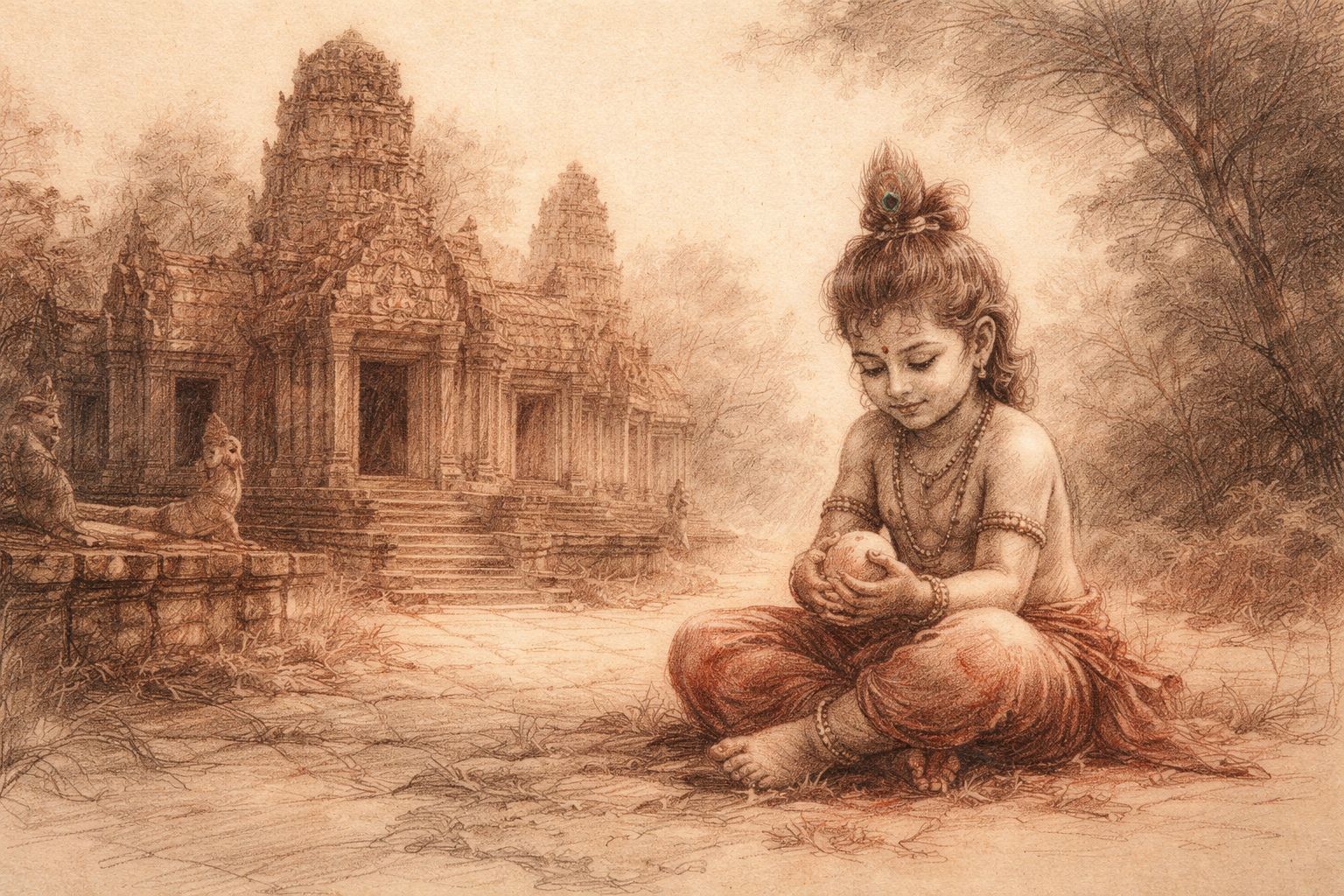 Seated child holding a round object before a stone temple with towers and galleries in red and black chalk style.