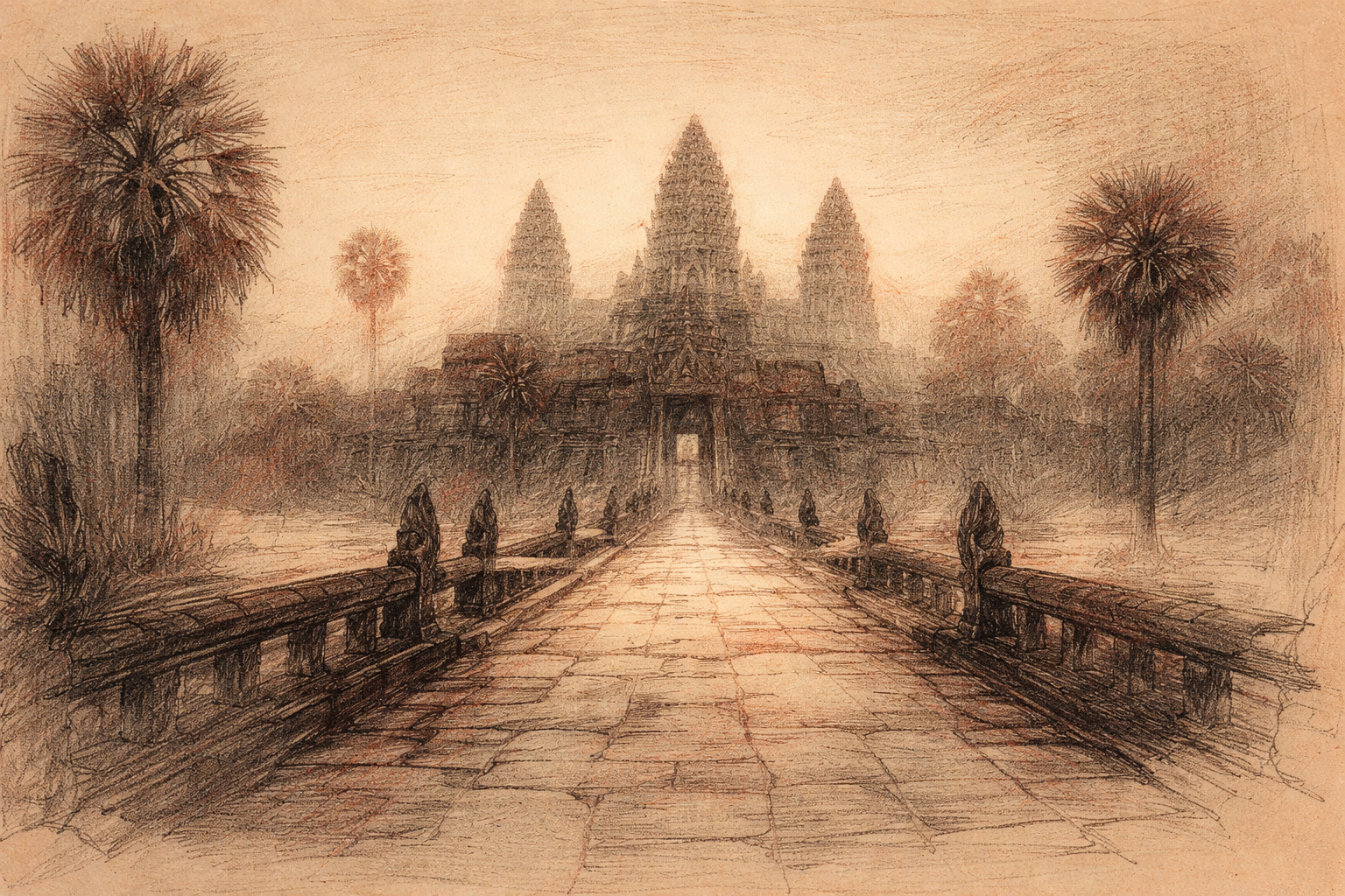 Angkorian stone temple with central towers and a naga-lined causeway in red and black chalk style.
