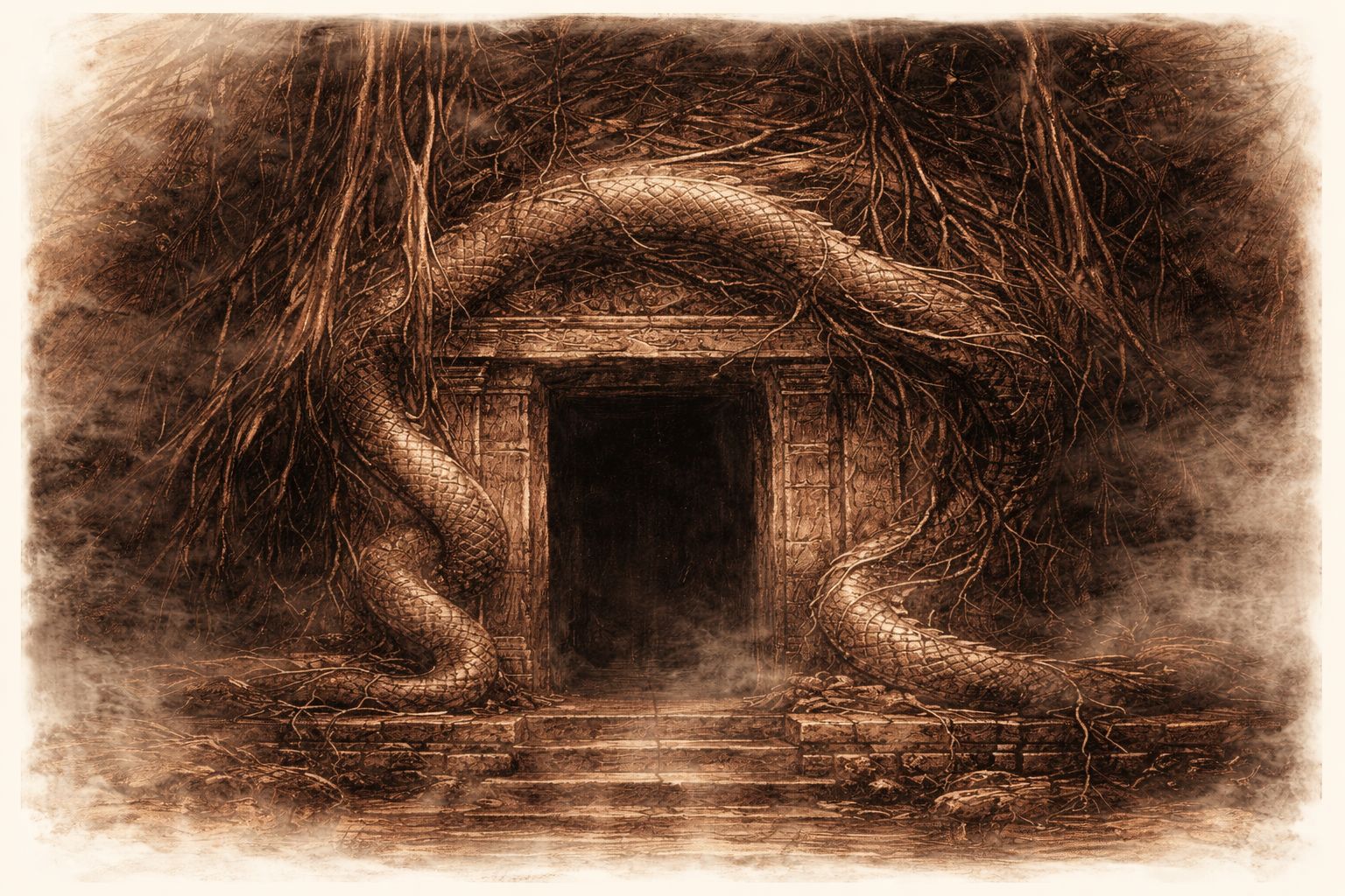 Sepia-toned banner illustration of a jungle-choked ancient stone doorway, its entrance wrapped by a massive naga-like serpent and tangled roots, leading into deep shadow and mist.