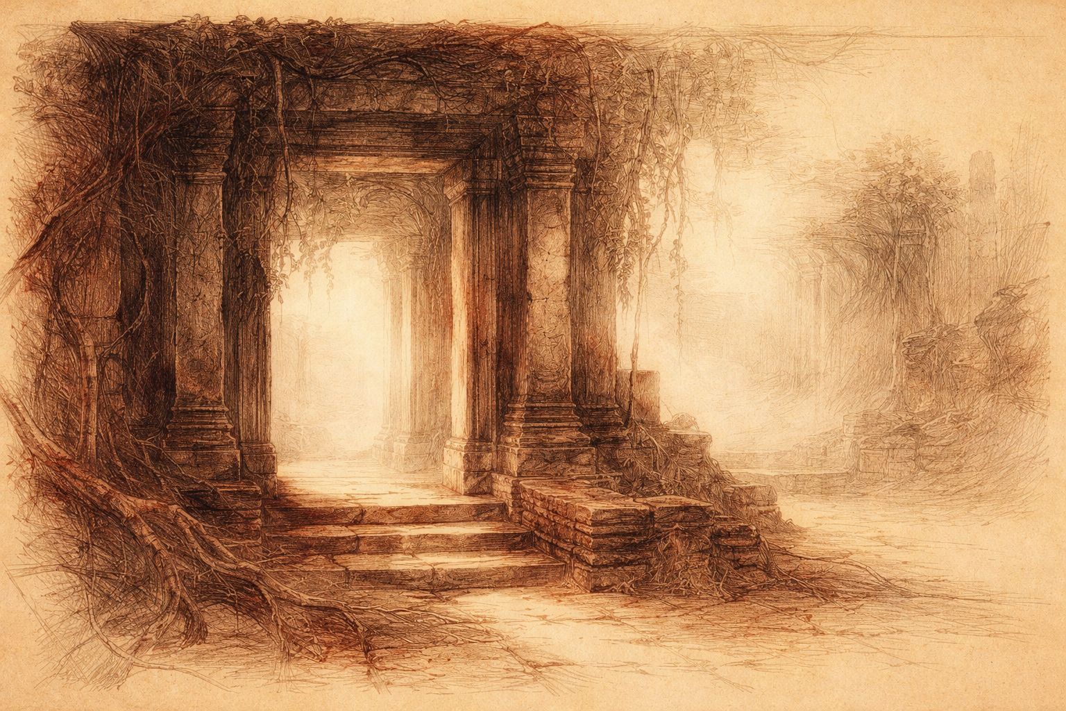 Misty temple doorway in warm tones