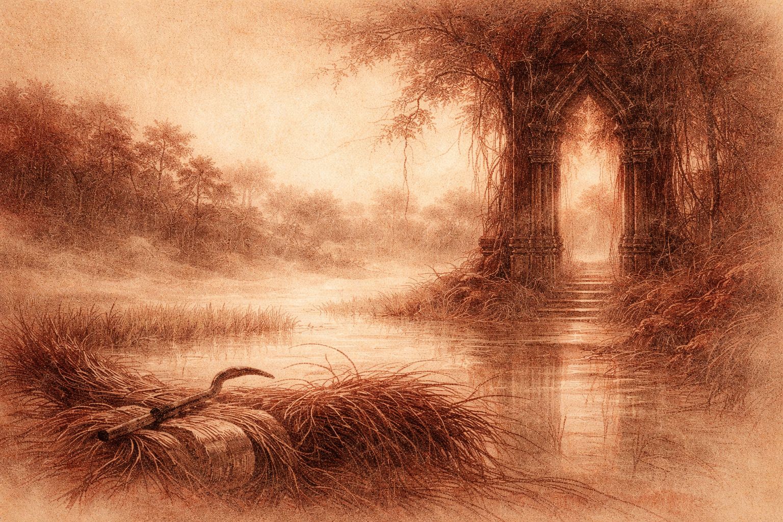 Rice field at dawn with temple