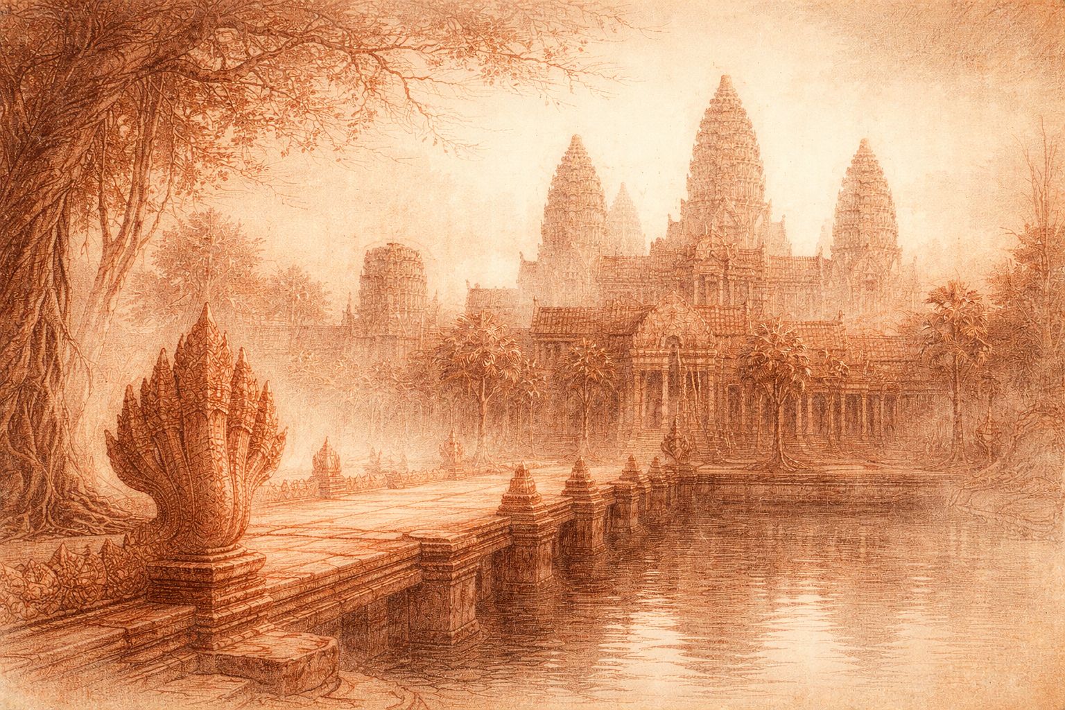 Red and black chalk study of Angkorian causeway and temple towers emerging from mist and water; sacred city held in quiet balance.