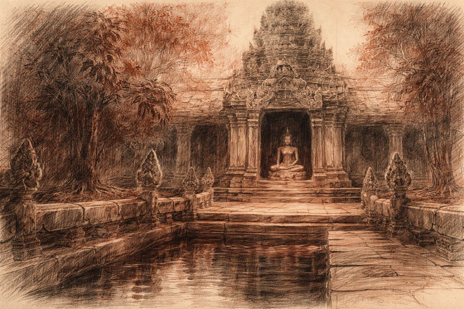 Angkorian stone shrine with stepped pond and low gallery in red and black chalk style.