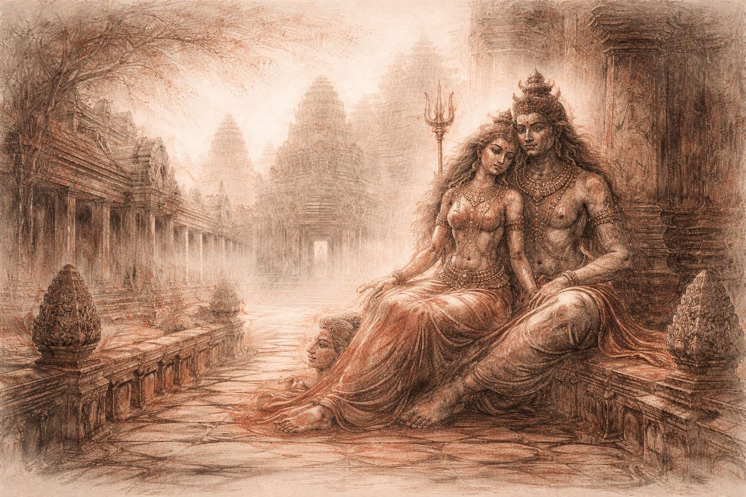 Seated female figure beside a larger male figure on a stone platform within an Angkorian temple in red and black chalk style.