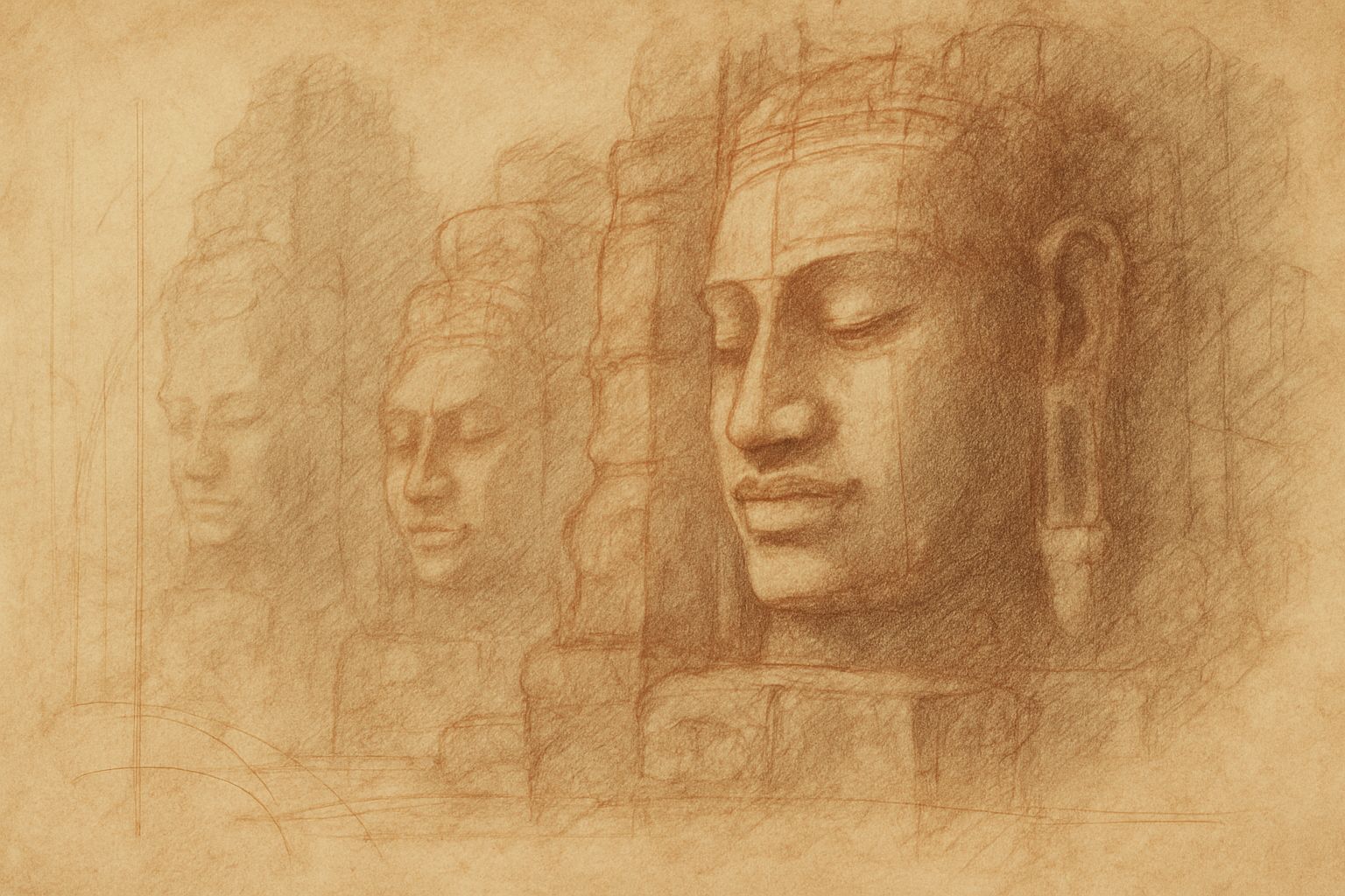 Red and black chalk study of a Bayon face dissolving into shadow and space, evoking quiet multiplicity and inward stillness.