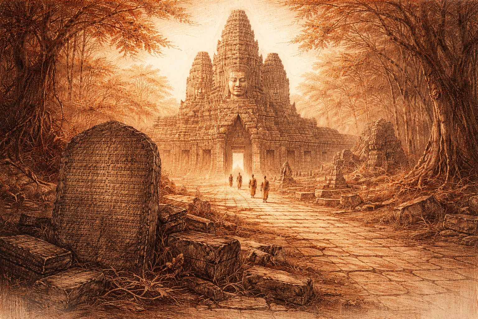 Angkorian temple gate with serene stone faces, Sanskrit stele in foreground, monks on stone path in red and black chalk style.