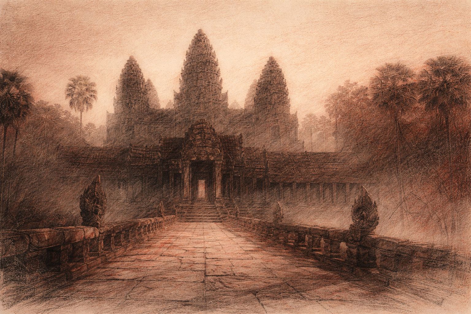 Angkorian stone temple with naga-lined causeway and central towers in red and black chalk style.