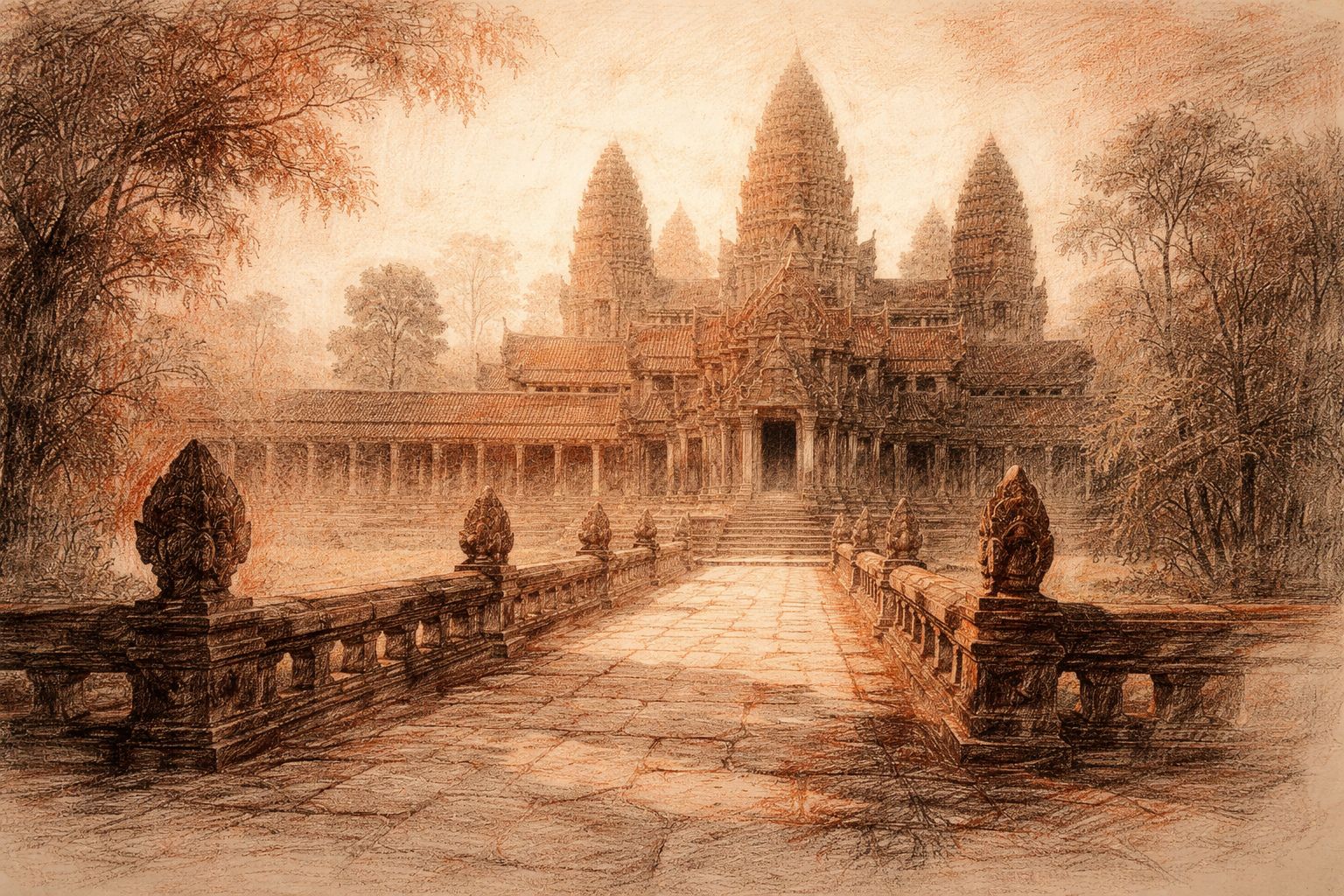 Angkorian stone temple with stepped causeway, balustrades, and central towers in red and black chalk style.