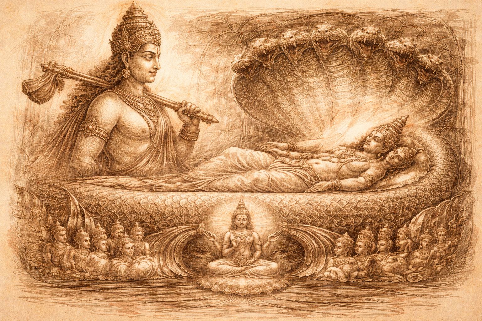 Balarama above and Vishnu reclining on Ananta below, red and black chalk revealing the human form and cosmic foundation as one.