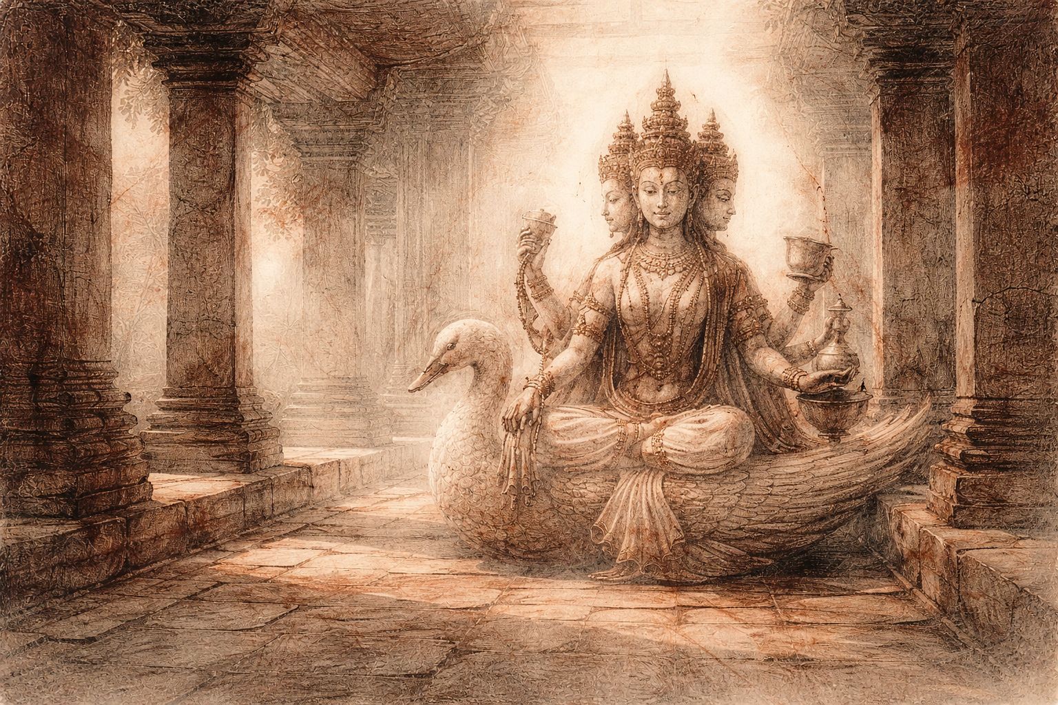 Four-faced goddess seated on a lotus with a swan inside an Angkorian stone gallery in red and black chalk style.