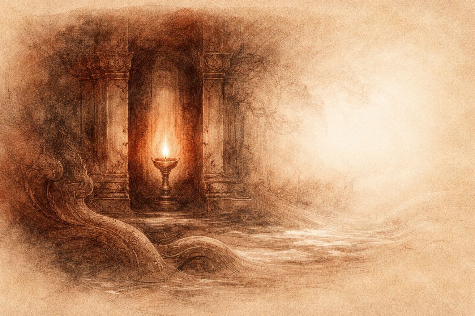 Ethereal glow in ancient temple