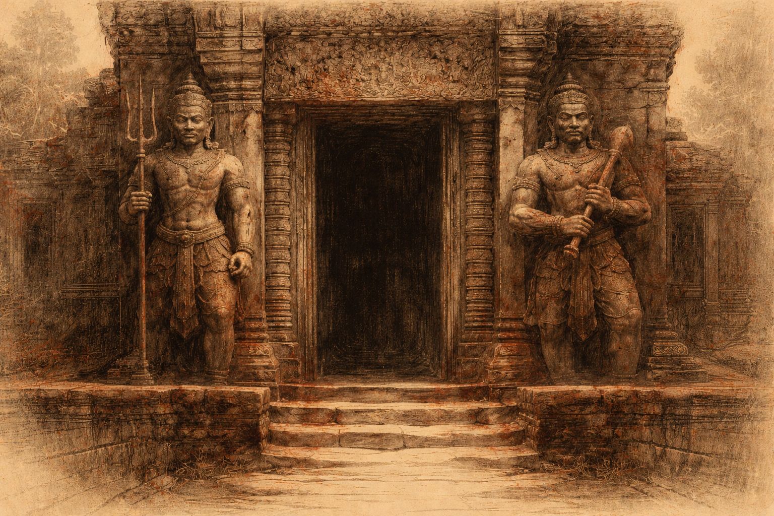 Two stone door guardians flanking a temple gateway with towers and galleries in red and black chalk style.