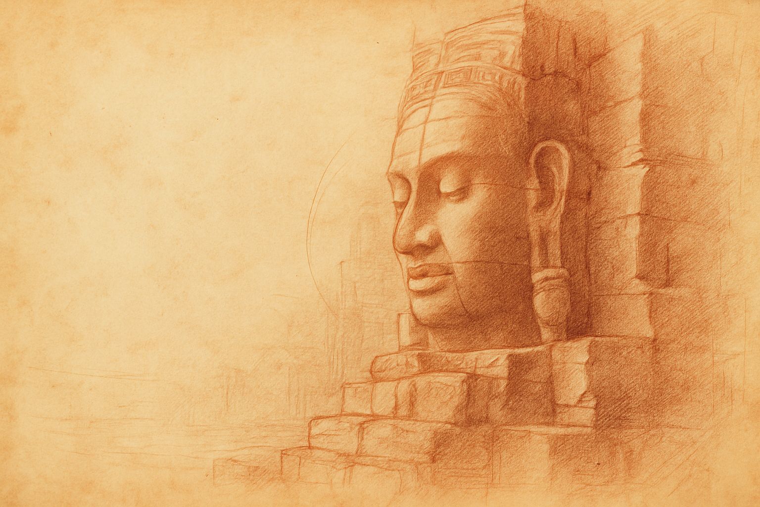 A red and black chalk study of a Bayon face tower in soft morning light, shown in three-quarter profile with calm, lowered eyelids.