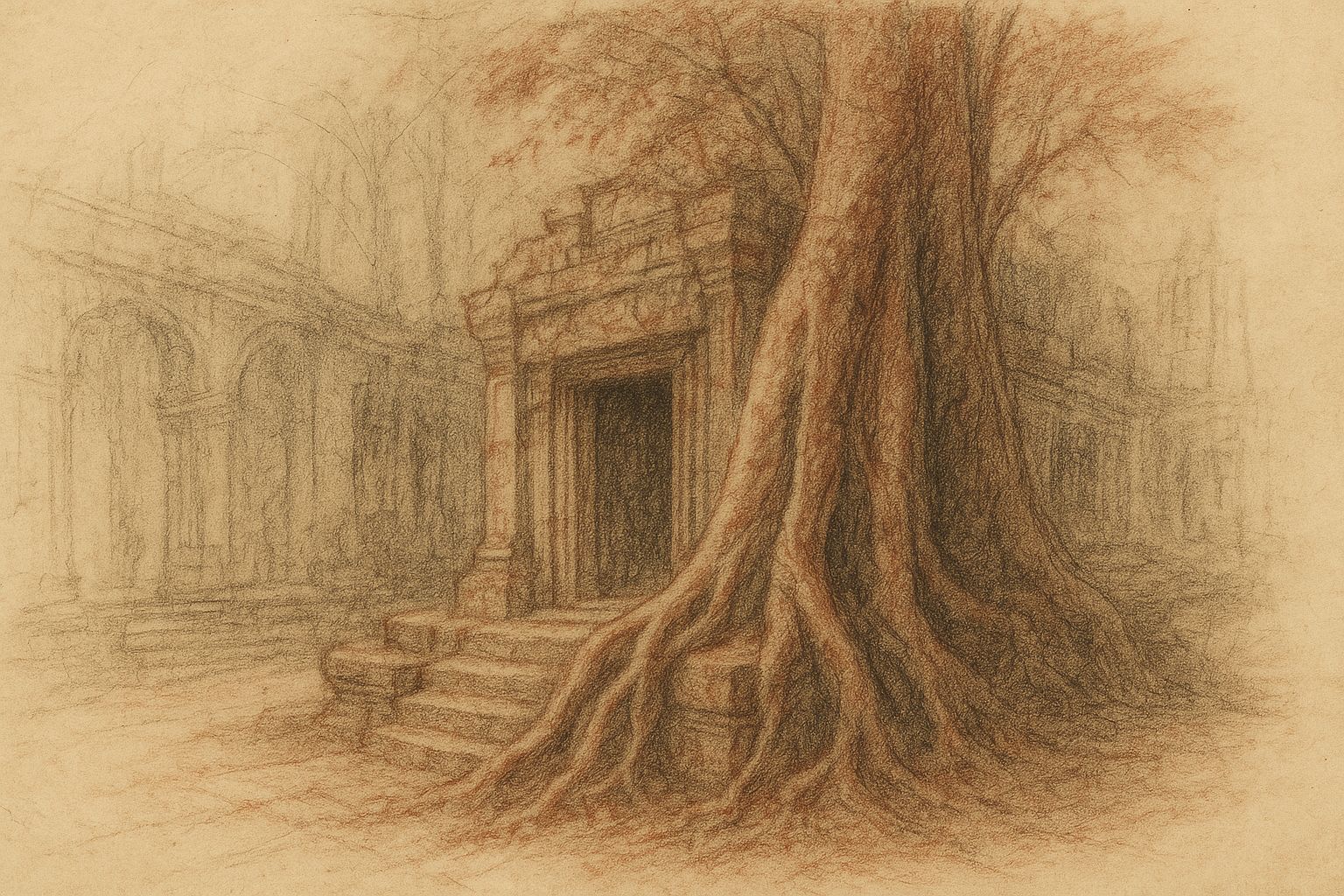 Red and black chalk drawing of Ta Prohm temple entwined with vast roots, light diffused through mist — a quiet threshold of stone and tree.