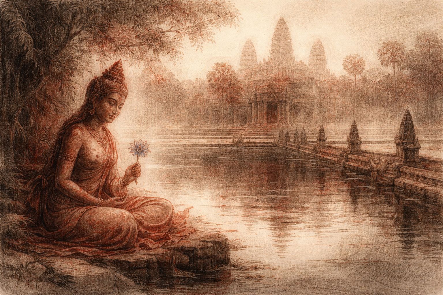 Angkorian stone causeway with uneven paving and low balustrades beside water in red and black chalk style.