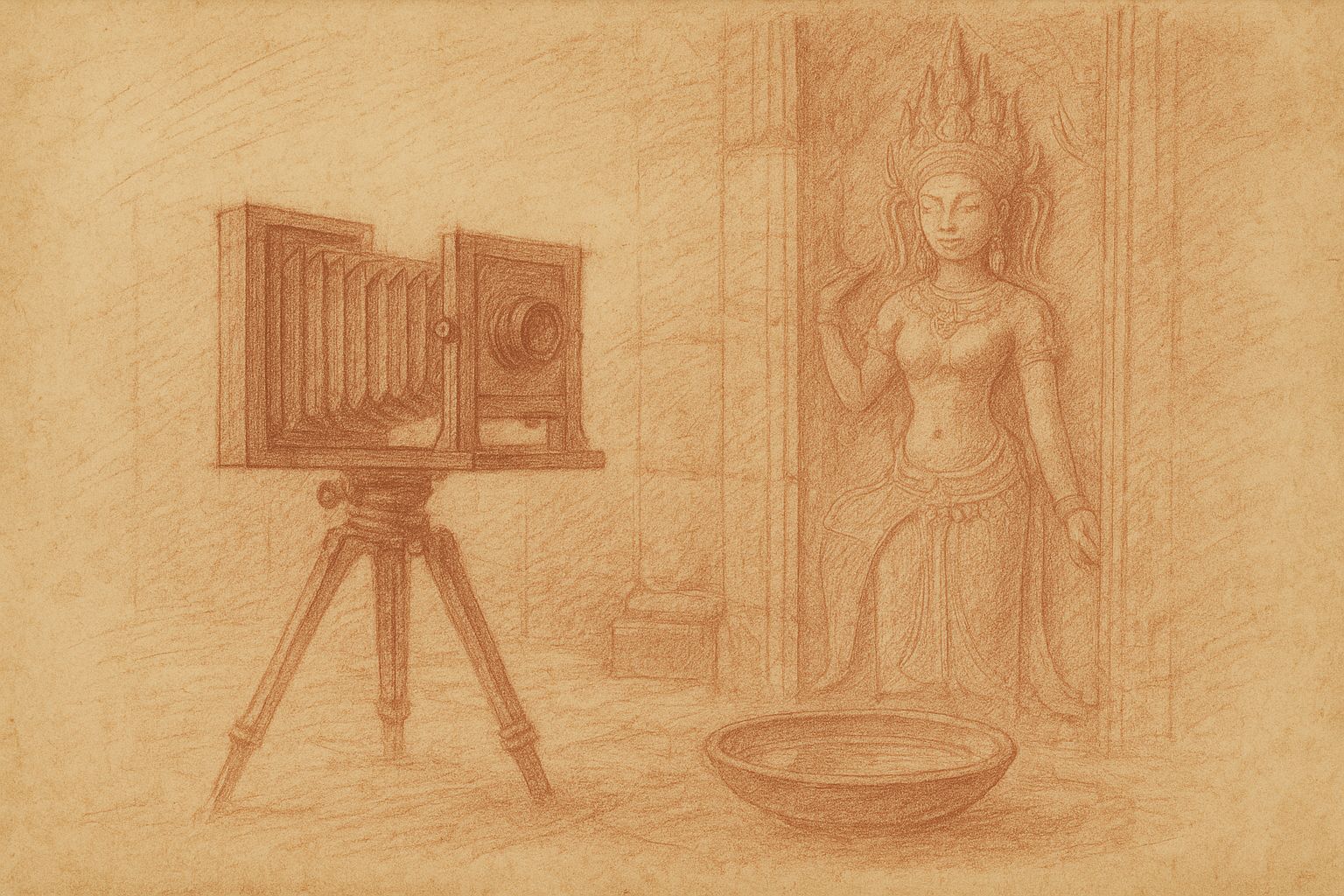 Red-and-black chalk study of a camera before temple wall, dawn light and butterfly trace suggesting stillness.