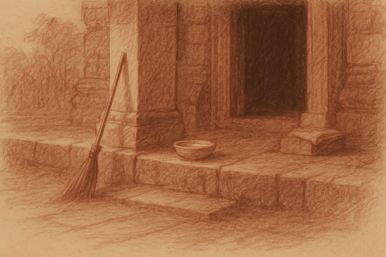 A red-and-black chalk sketch of an Angkor terrace at dawn: a broom leaning on a square column, a water bowl, a folded cloth, and a freshly swept stone path.